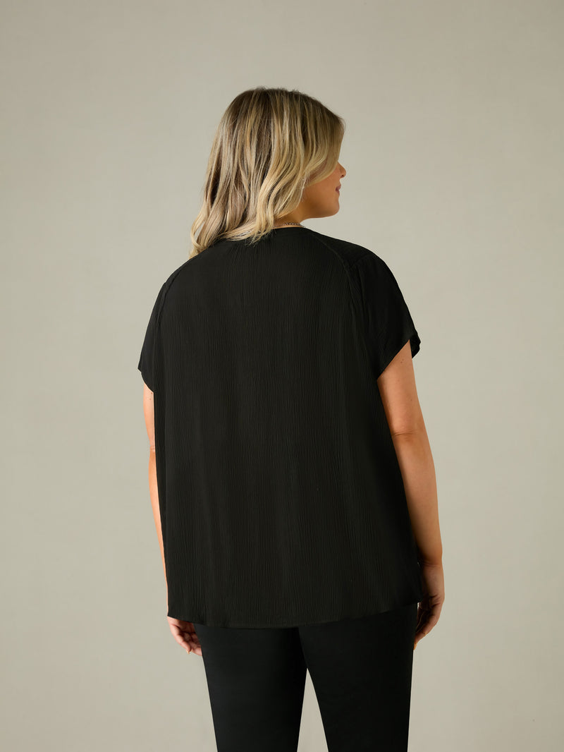 Black Crinkle Shirred Shoulder Top