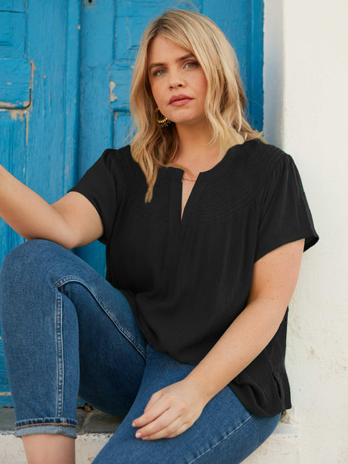 Black Crinkle Shirred Shoulder Top