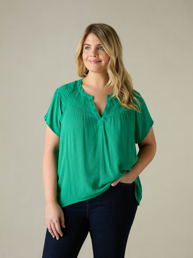 Green Crinkle Shirred Shoulder Top