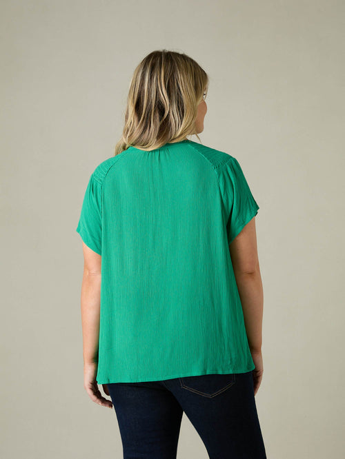 Green Crinkle Shirred Shoulder Top