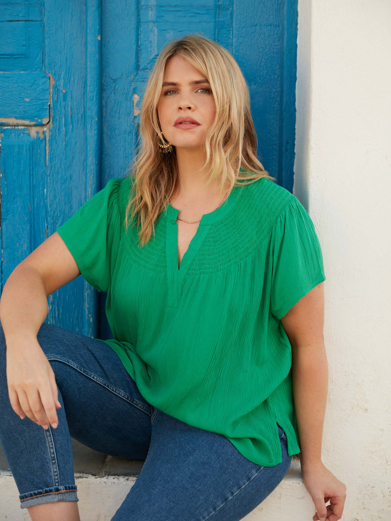 Green Crinkle Shirred Shoulder Top