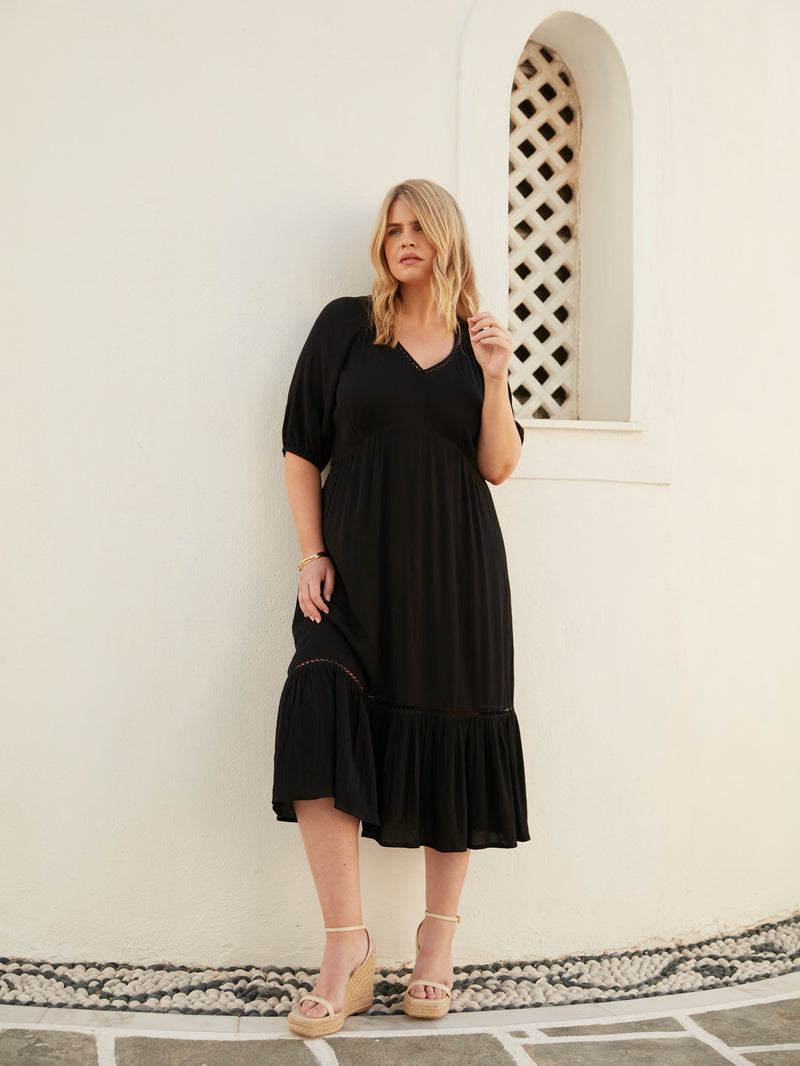 Black V-Neck Tiered Midi Dress