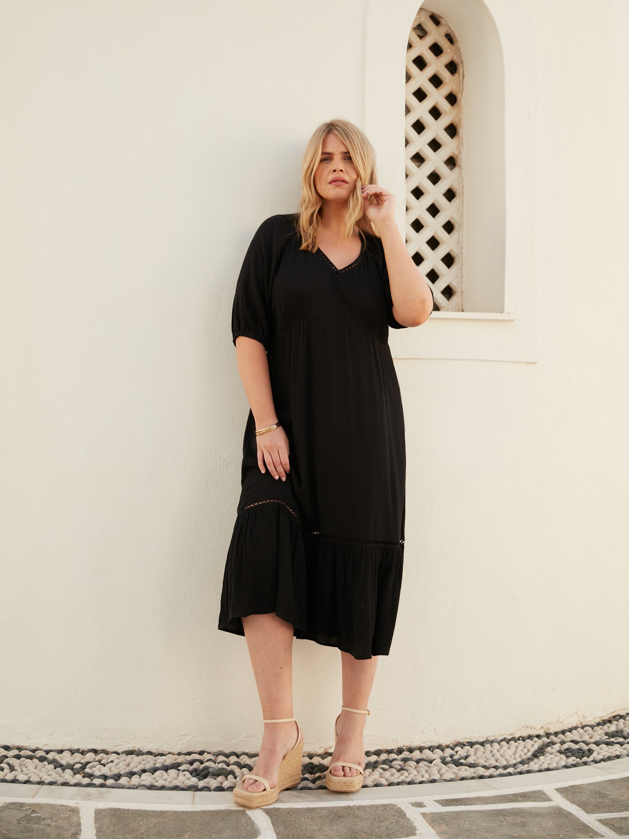 Black V-Neck Tiered Midi Dress Black V-Neck Tiered Midi Dress