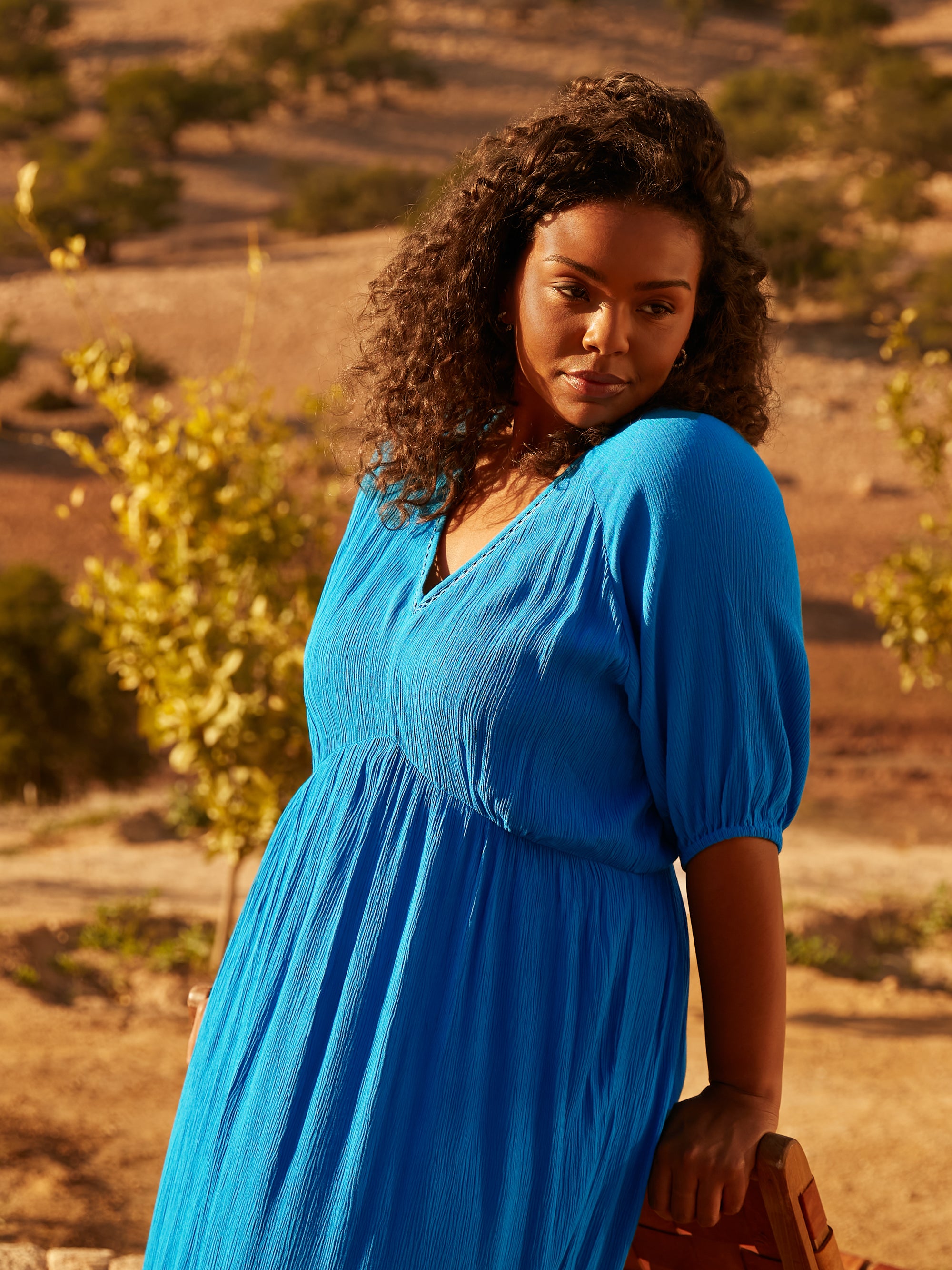 Blue V-Neck Tiered Midi Dress