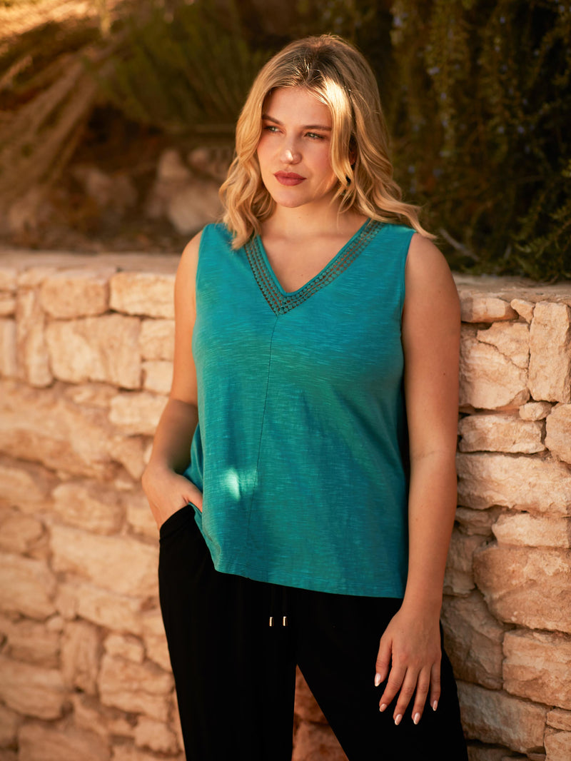Ocean Green Jersey Broderie V-Neck Vest