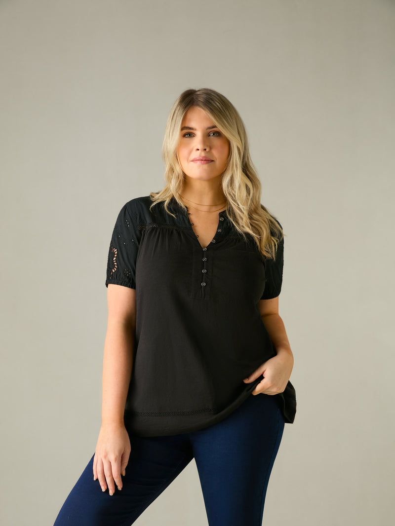 Black Cotton Jersey Broderie Blouse