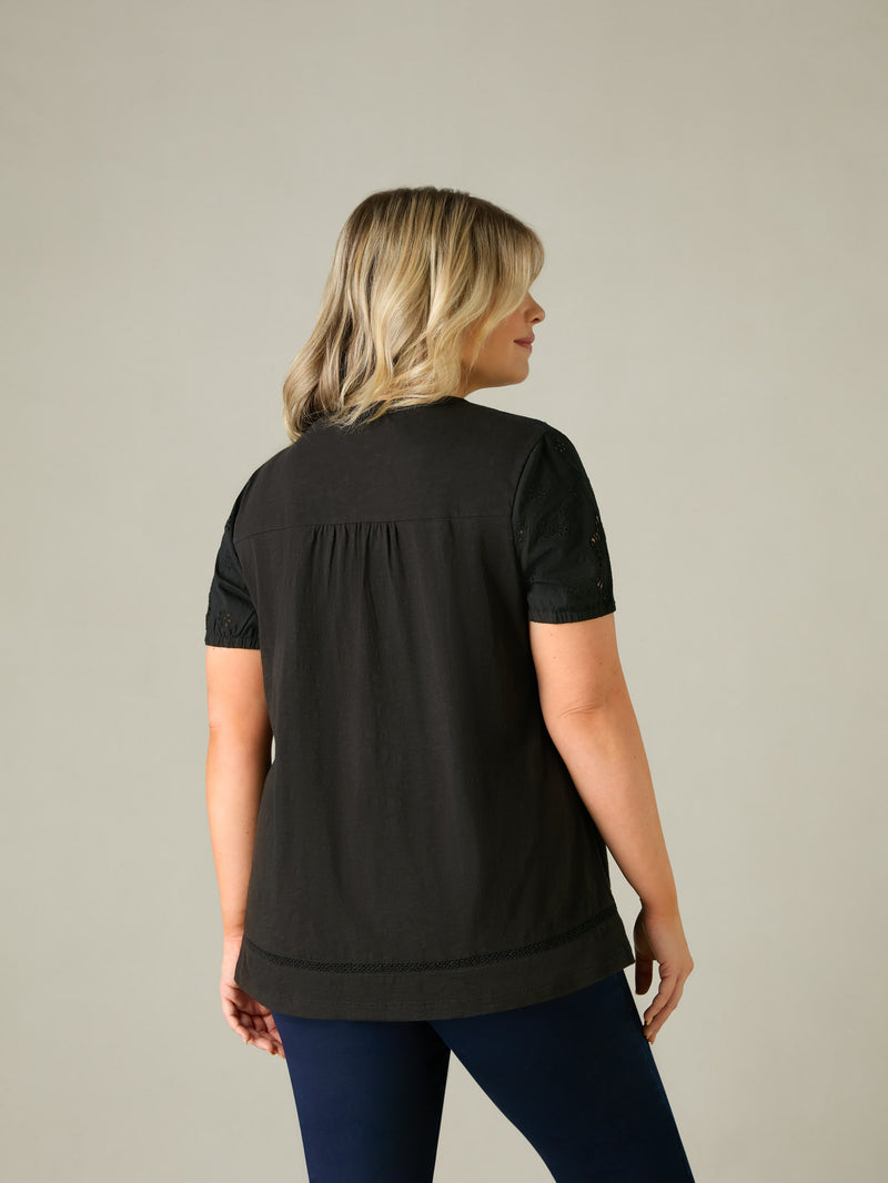 Black Cotton Jersey Broderie Blouse