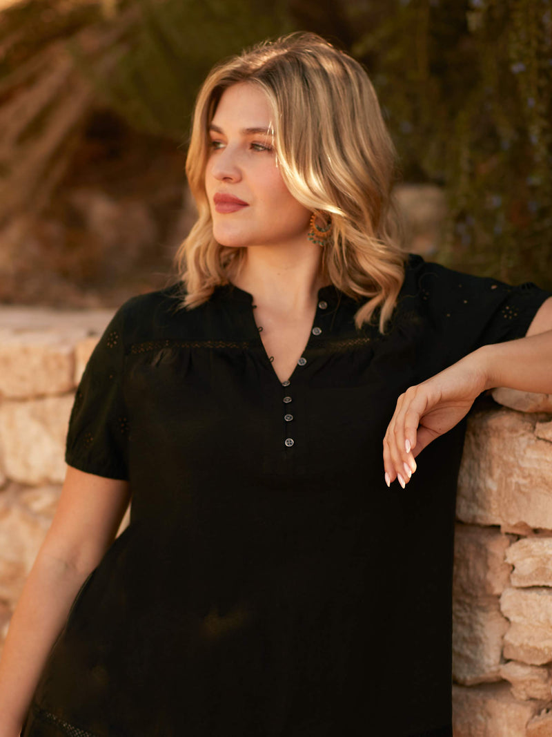 Black Cotton Jersey Broderie Blouse