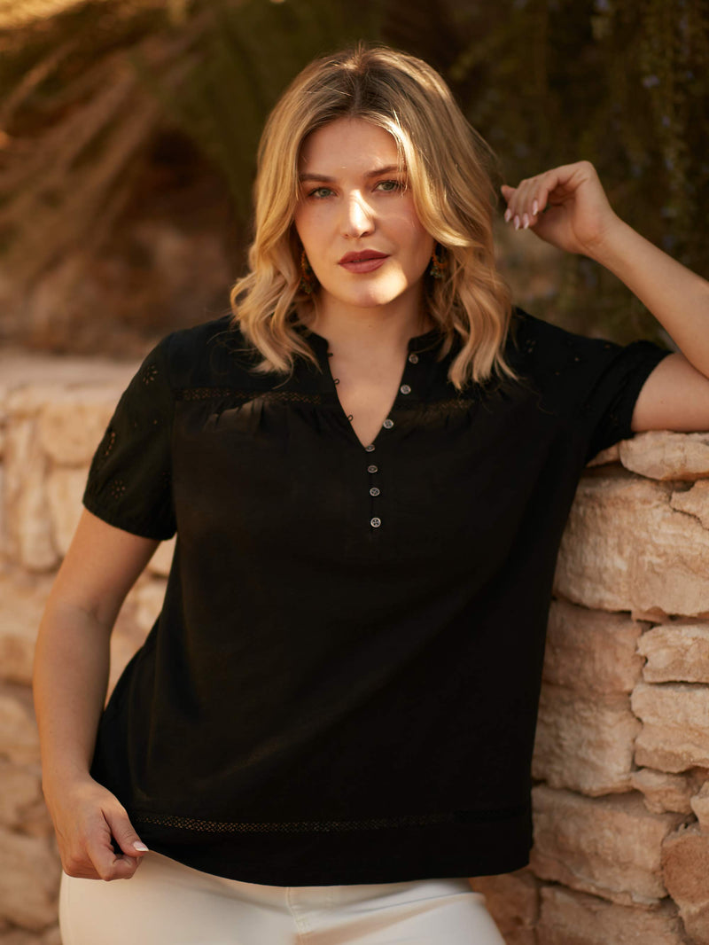 Black Cotton Jersey Broderie Blouse