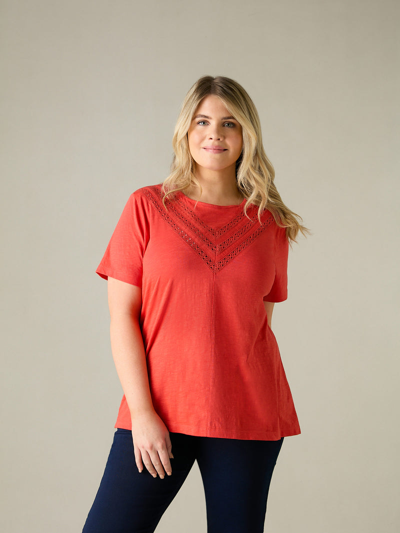 Orange Jersey Broderie V-Neck Top