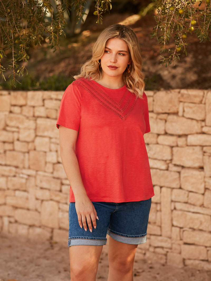Orange Jersey Broderie V-Neck Top
