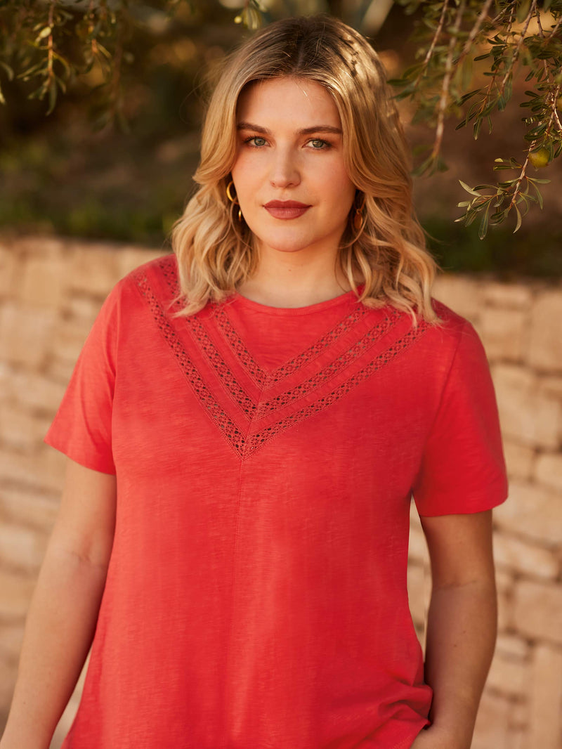 Orange Jersey Broderie V-Neck Top