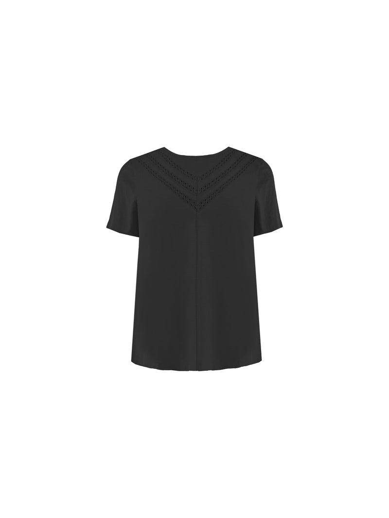 Black Jersey Broderie V-Neck Top