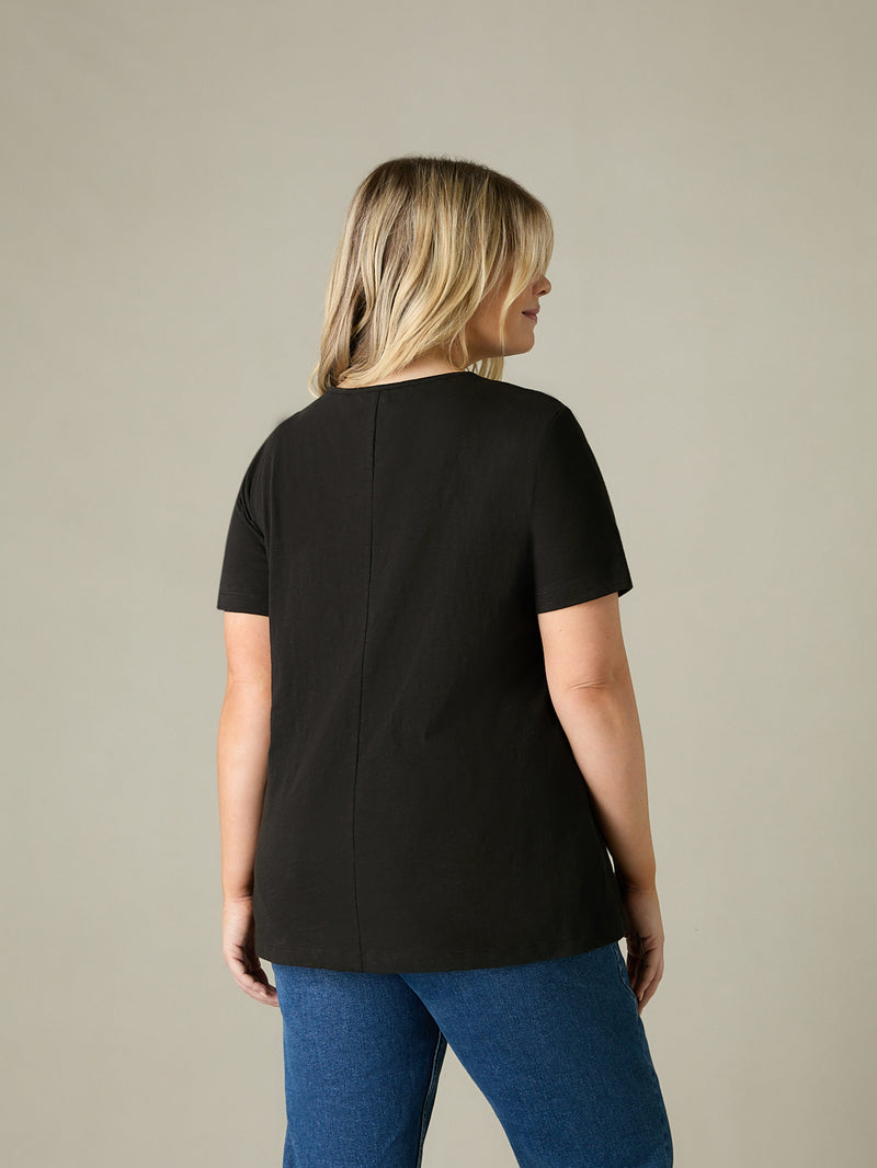 Black Jersey Broderie V-Neck Top