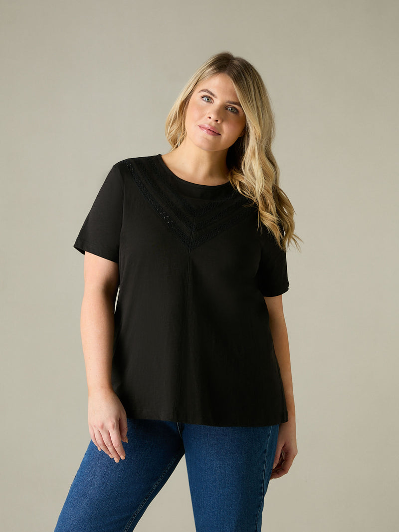 Black Jersey Broderie V-Neck Top