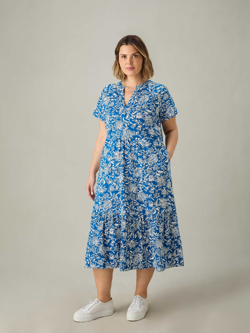 Blue Paisley Jersey Cap Sleeve Dress