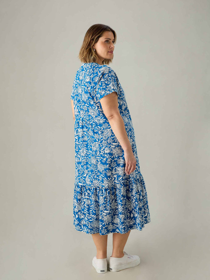 Blue Paisley Jersey Cap Sleeve Dress