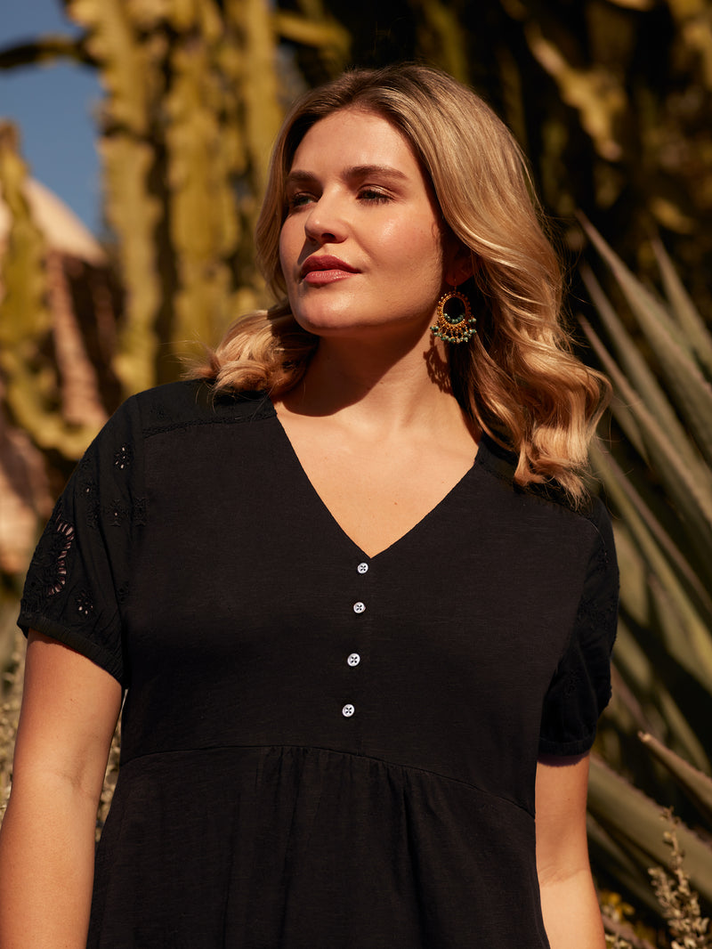 Black Jersey Broderie Shift Dress
