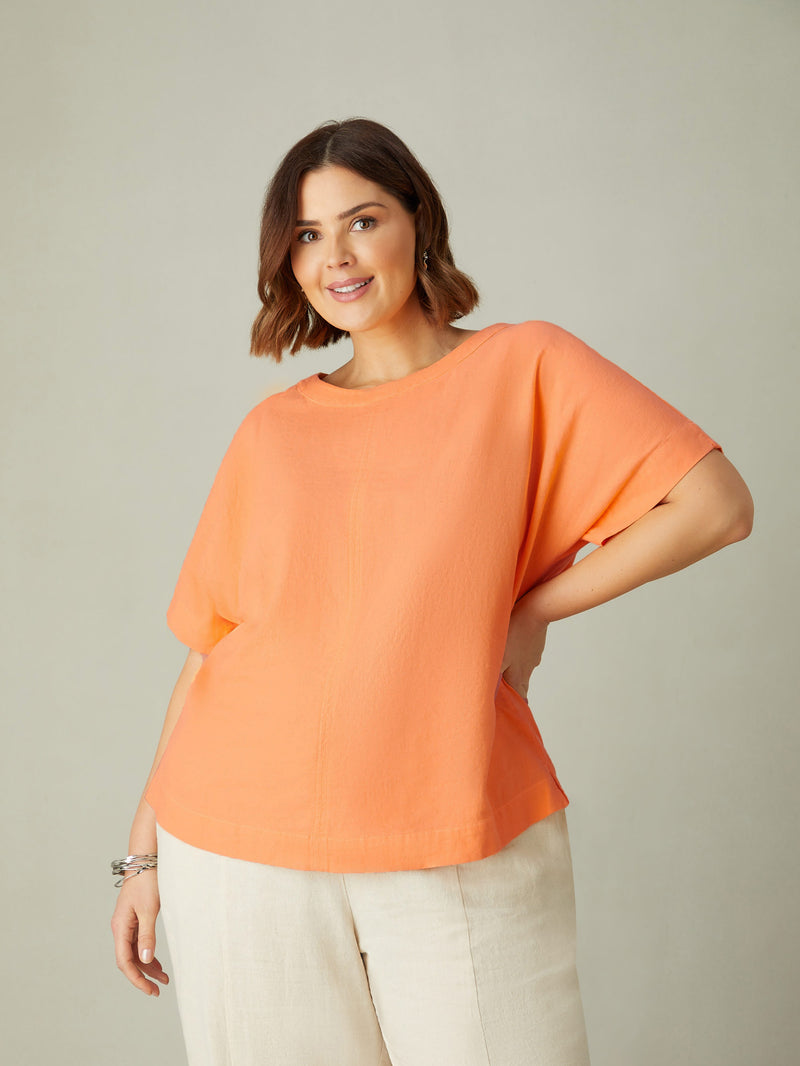 Orange Linen Mix Round Neck Top