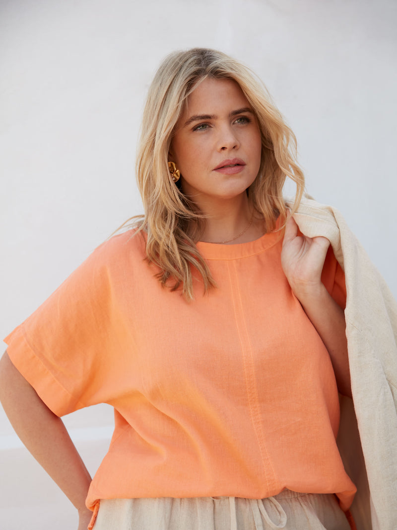 Orange Linen Mix Round Neck Top