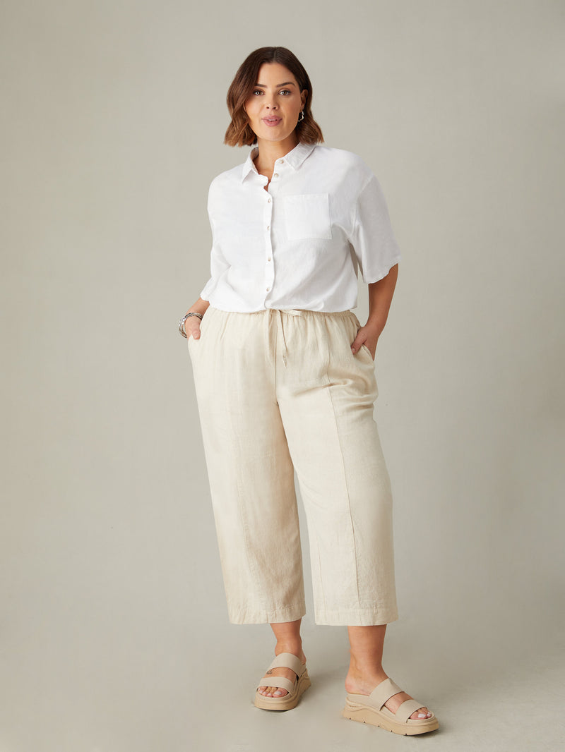 Natural Linen Blend Wide Leg Cropped Trousers