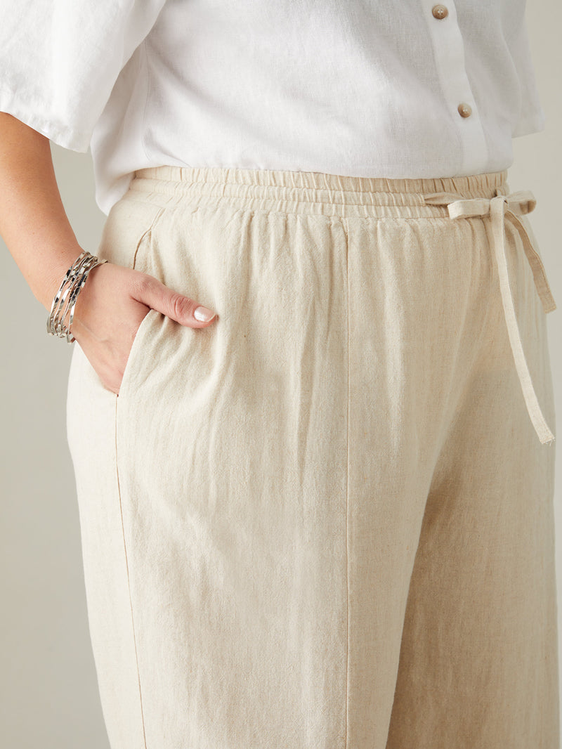 Natural Linen Blend Wide Leg Cropped Trousers