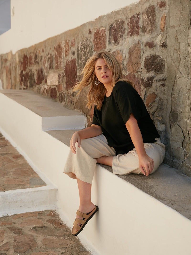 Black Linen Blend Round Neck Top