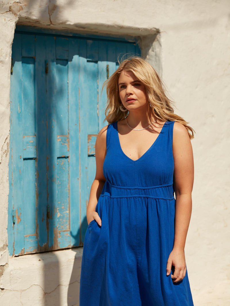 Blue Linen Blend V-Neck Midi Dress