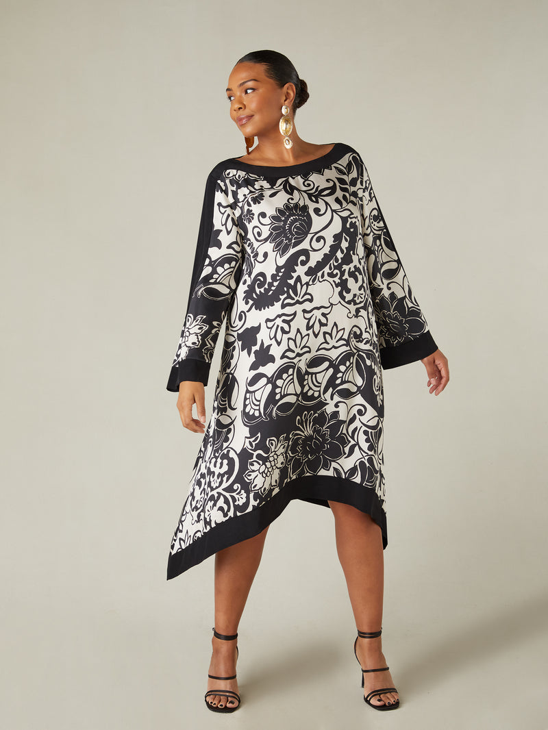 Mono Floral Print Hanky Hem Dress