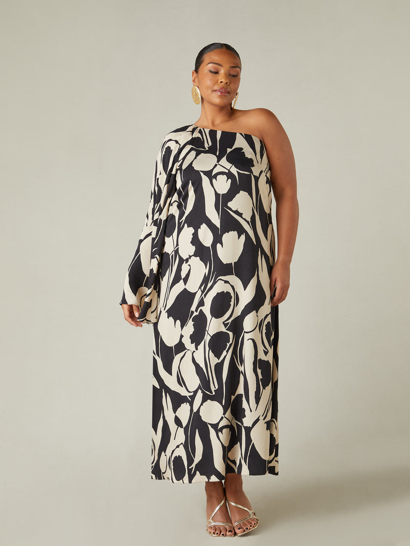 Mono Floral Print One Shoulder Maxi Dress