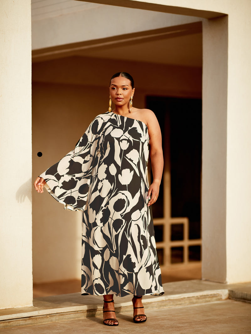 Mono Floral Print One Shoulder Maxi Dress