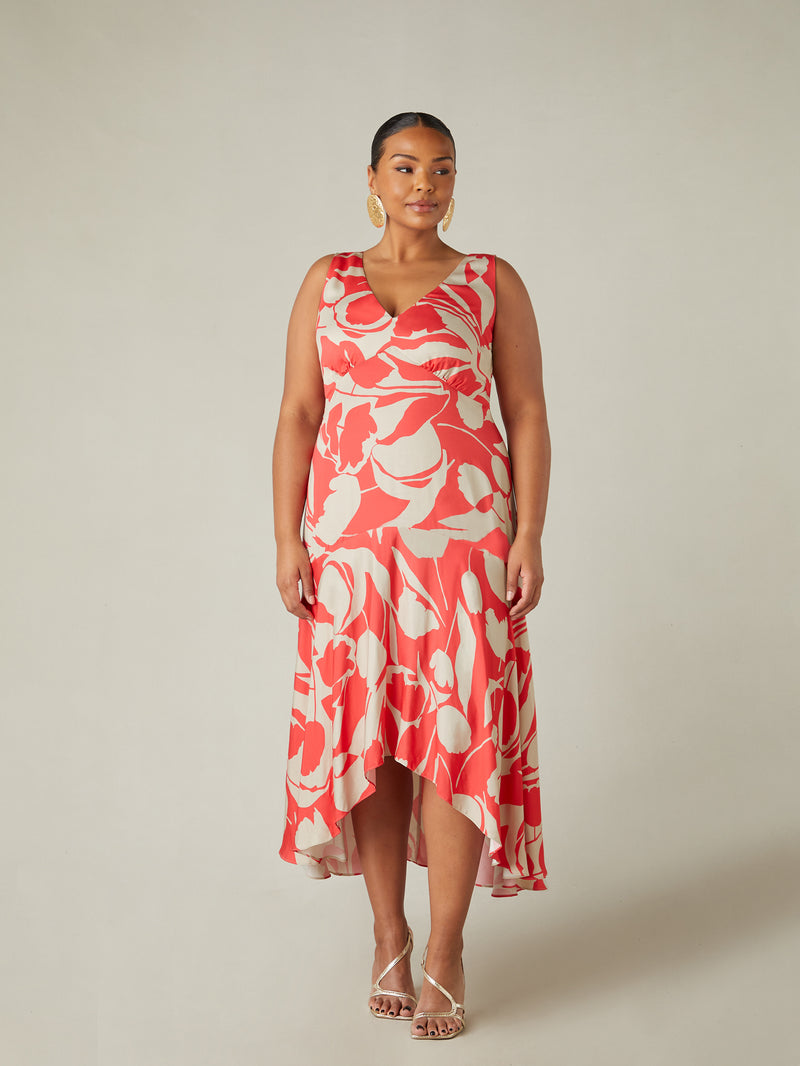 Red Abstract Print Sleeveless Maxi Dress
