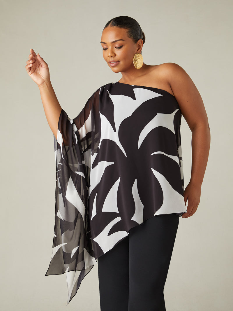 Mono Geo Print One Shoulder Overlay Top