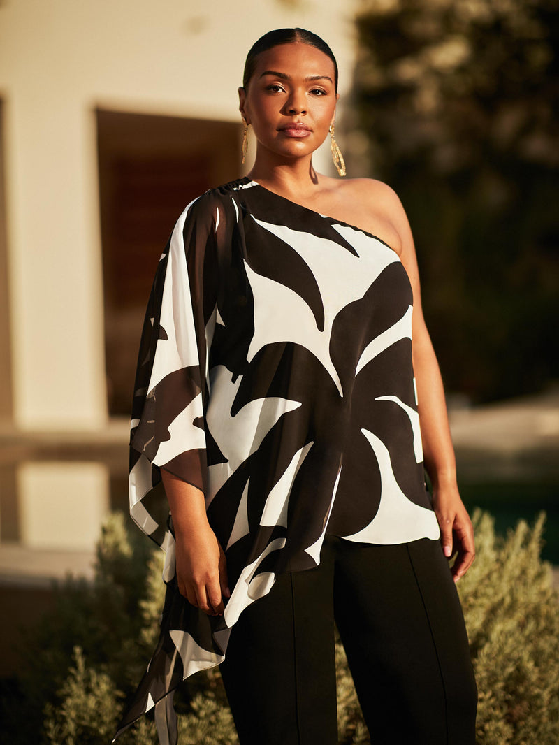 Mono Geo Print One Shoulder Overlay Top