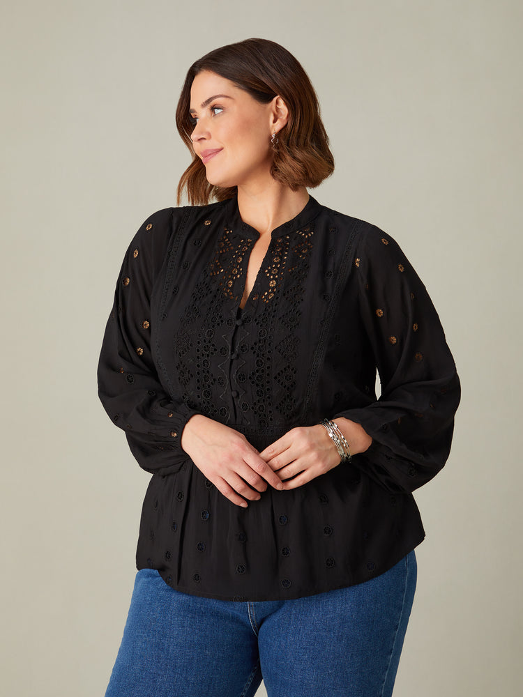 Black Broderie V-Neck Blouse