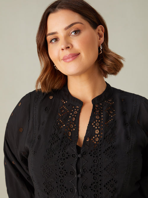 Black Broderie V-Neck Blouse