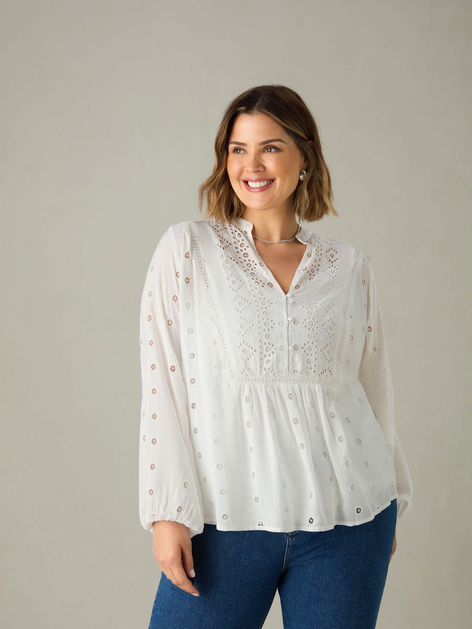 White Broderie V-Neck Blouse