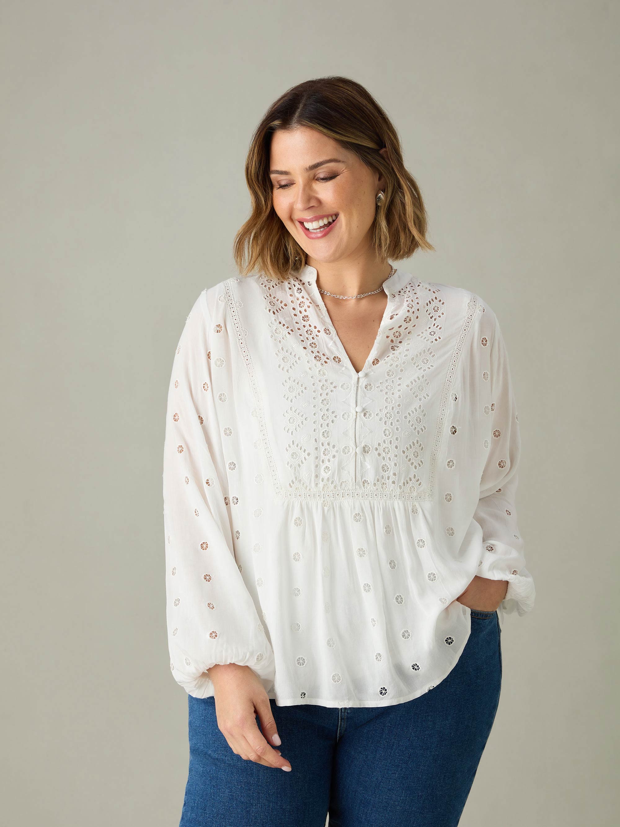 White Broderie V-Neck Blouse