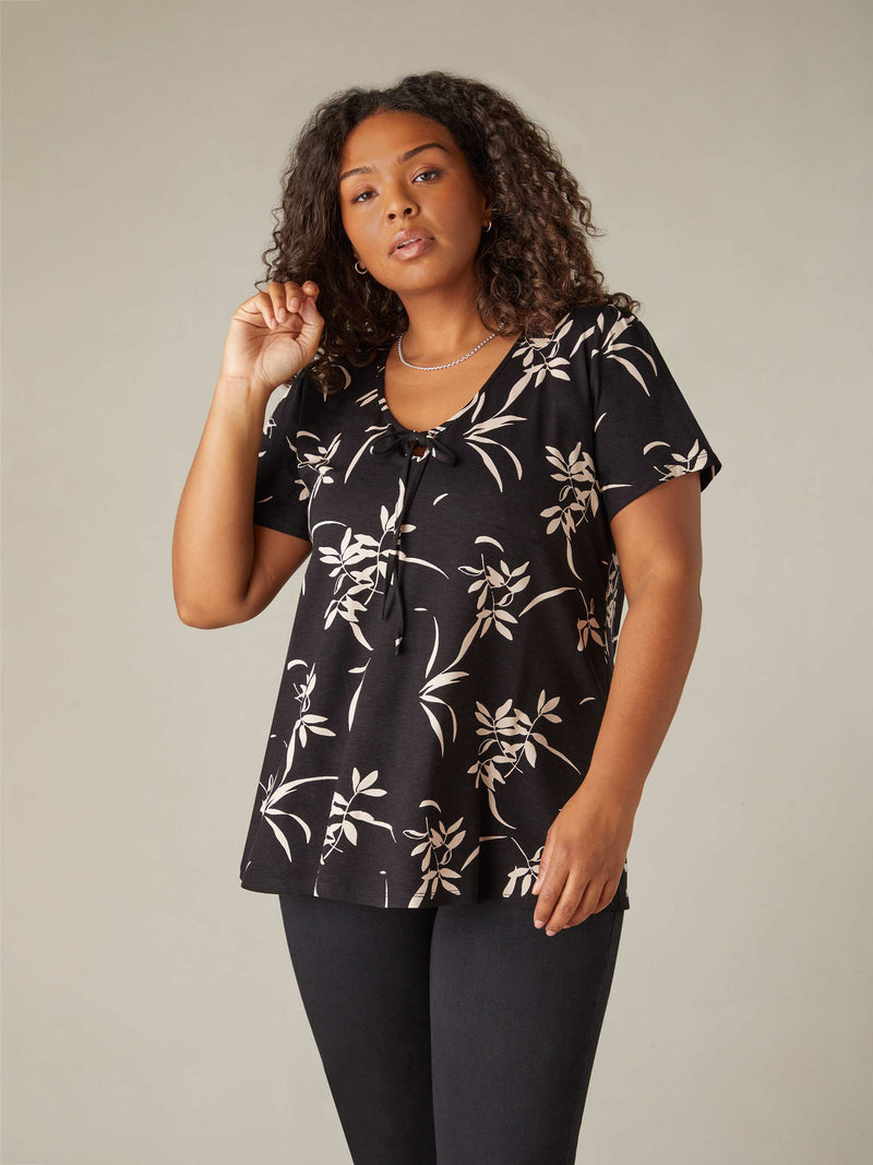 Mono Floral Print Jersey Tie Front Top