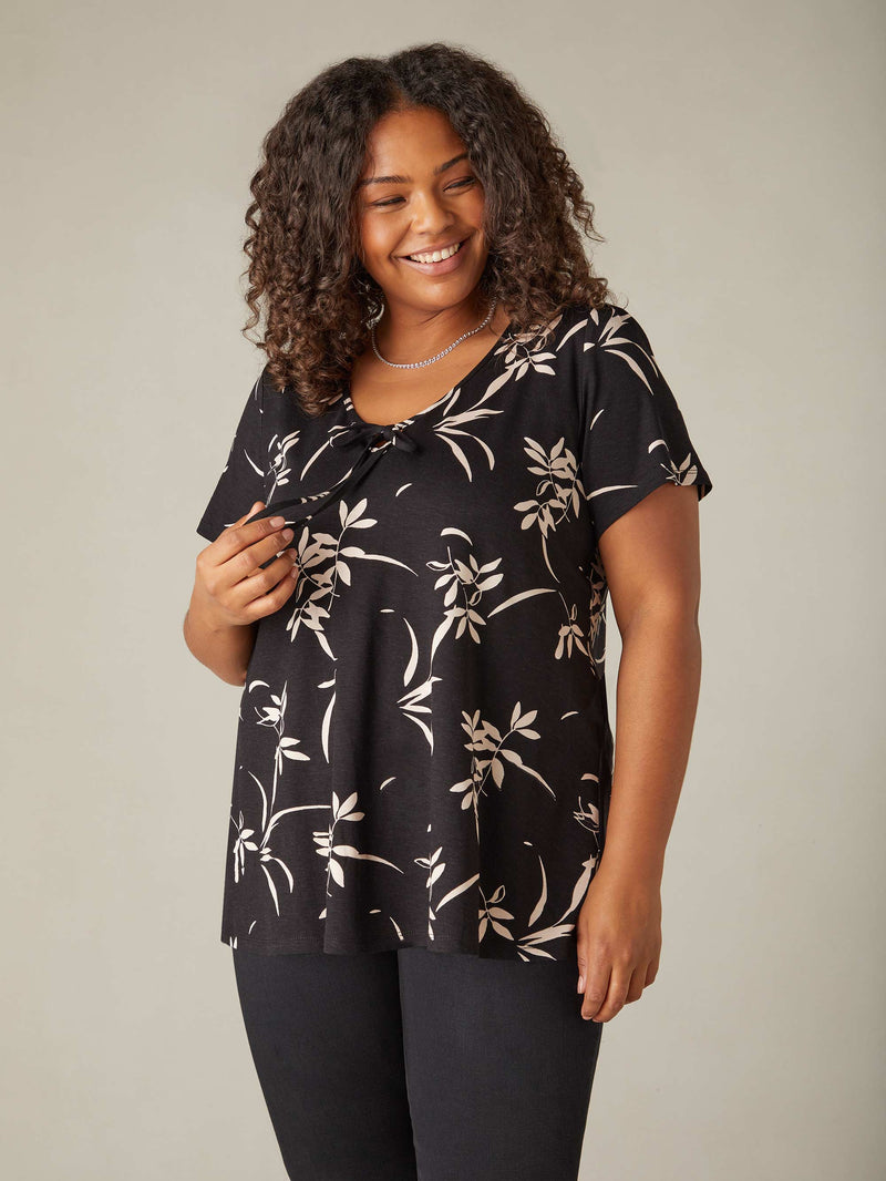 Mono Floral Print Jersey Tie Front Top