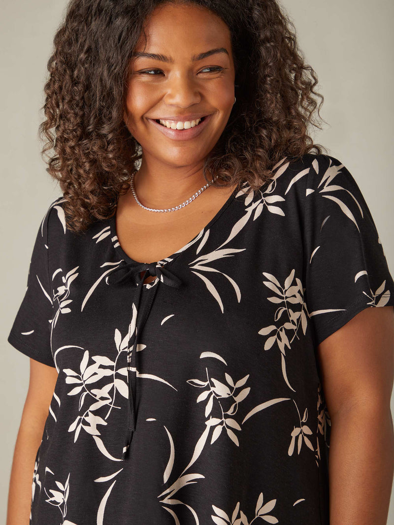 Mono Floral Print Jersey Tie Front Top