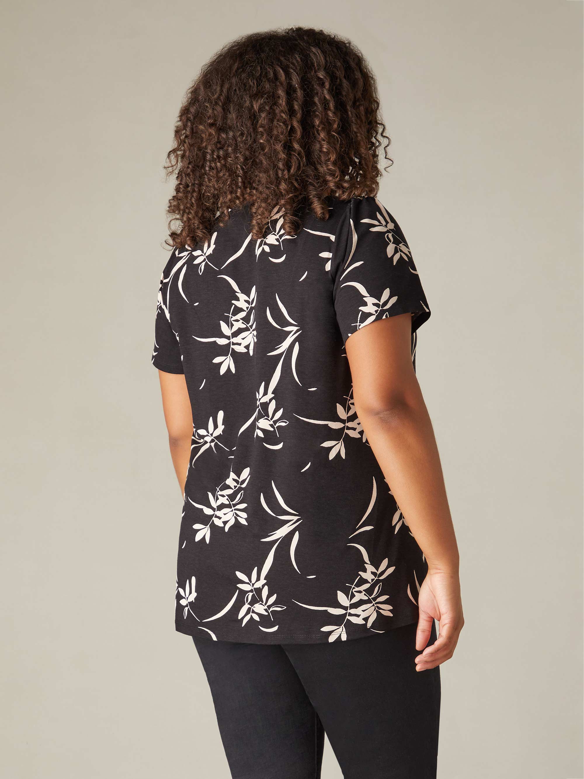 Mono Floral Print Jersey Tie Front Top