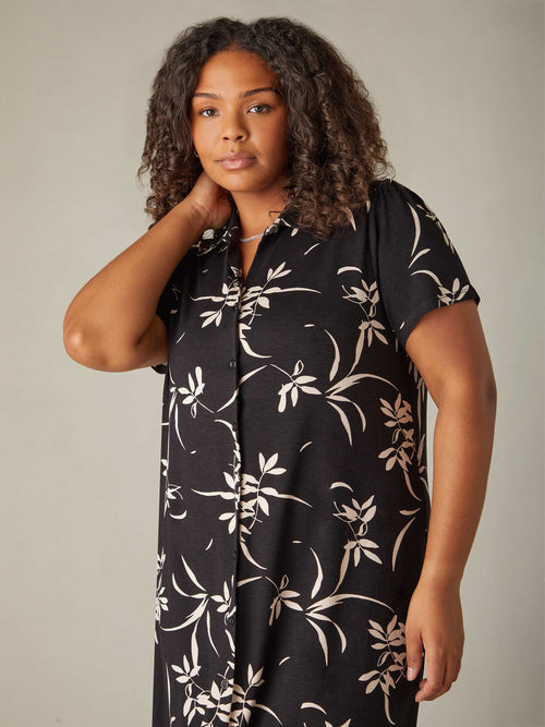 Mono Floral Print Jersey Tiered Midi Shirt Dress