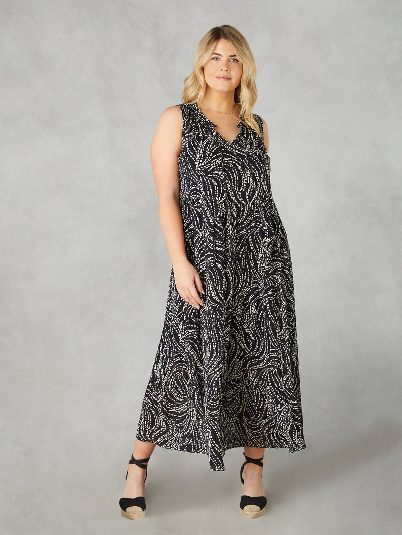 Mono Spot Print Ruffle Maxi Dress