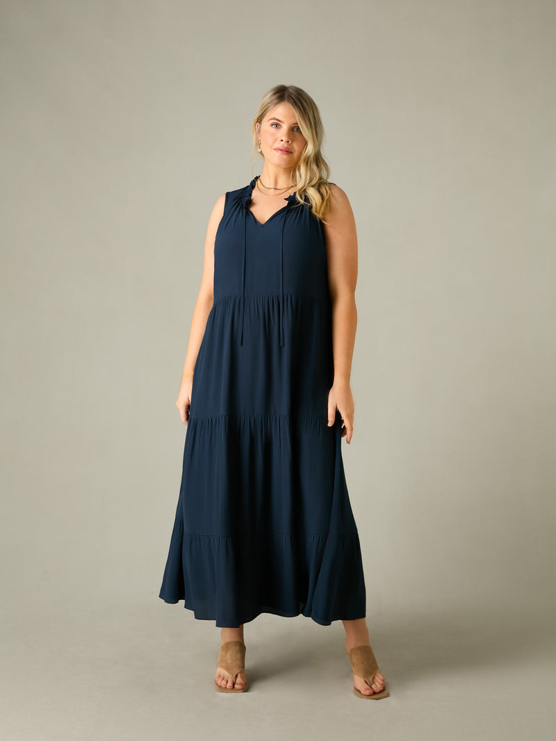 Navy Ruffle Midaxi Dress