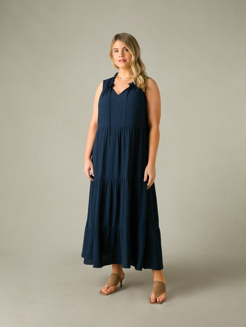 Navy Ruffle Midaxi Dress