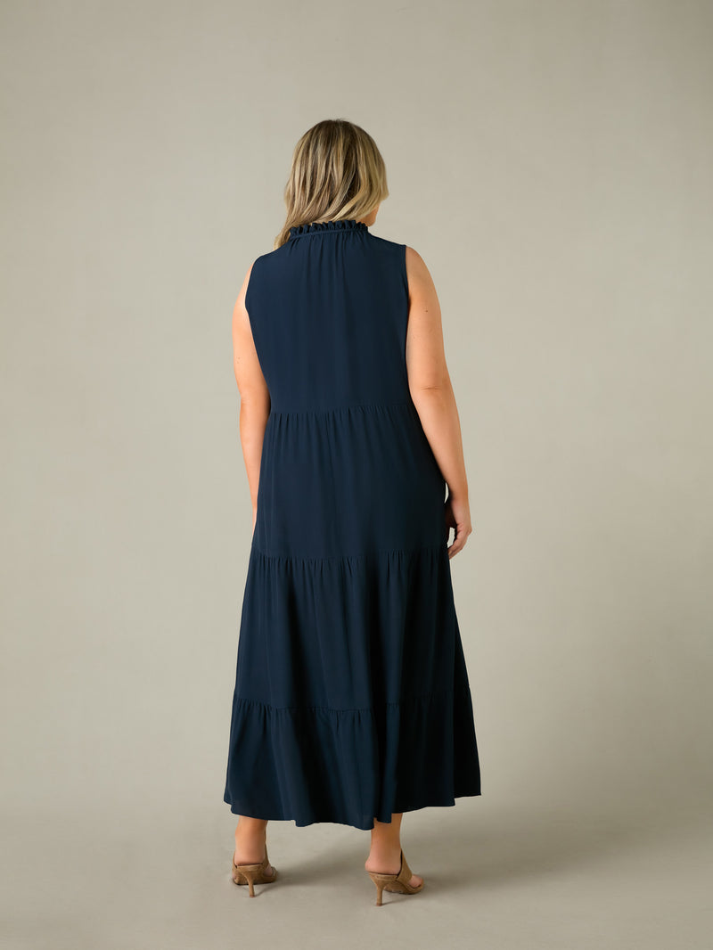 Navy Ruffle Midaxi Dress