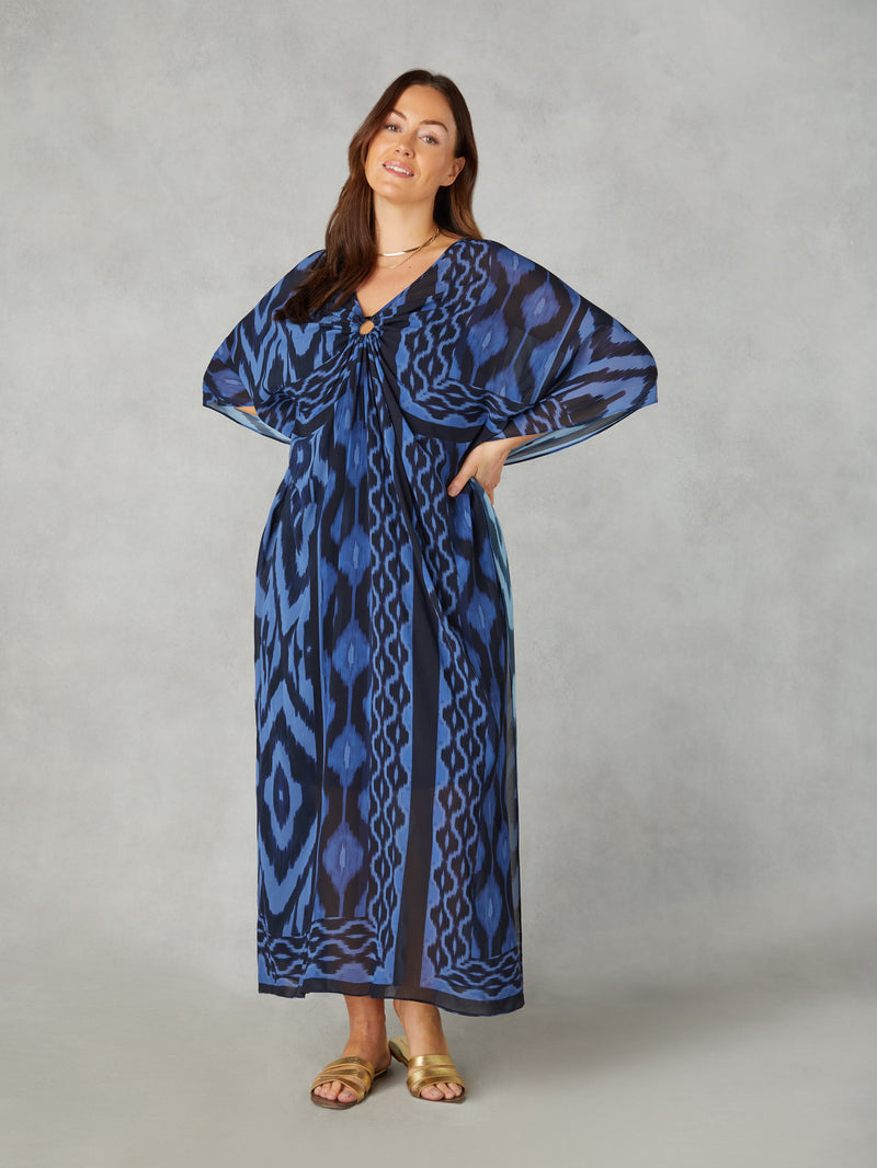 Petite Navy Ikat Print Maxi Kaftan