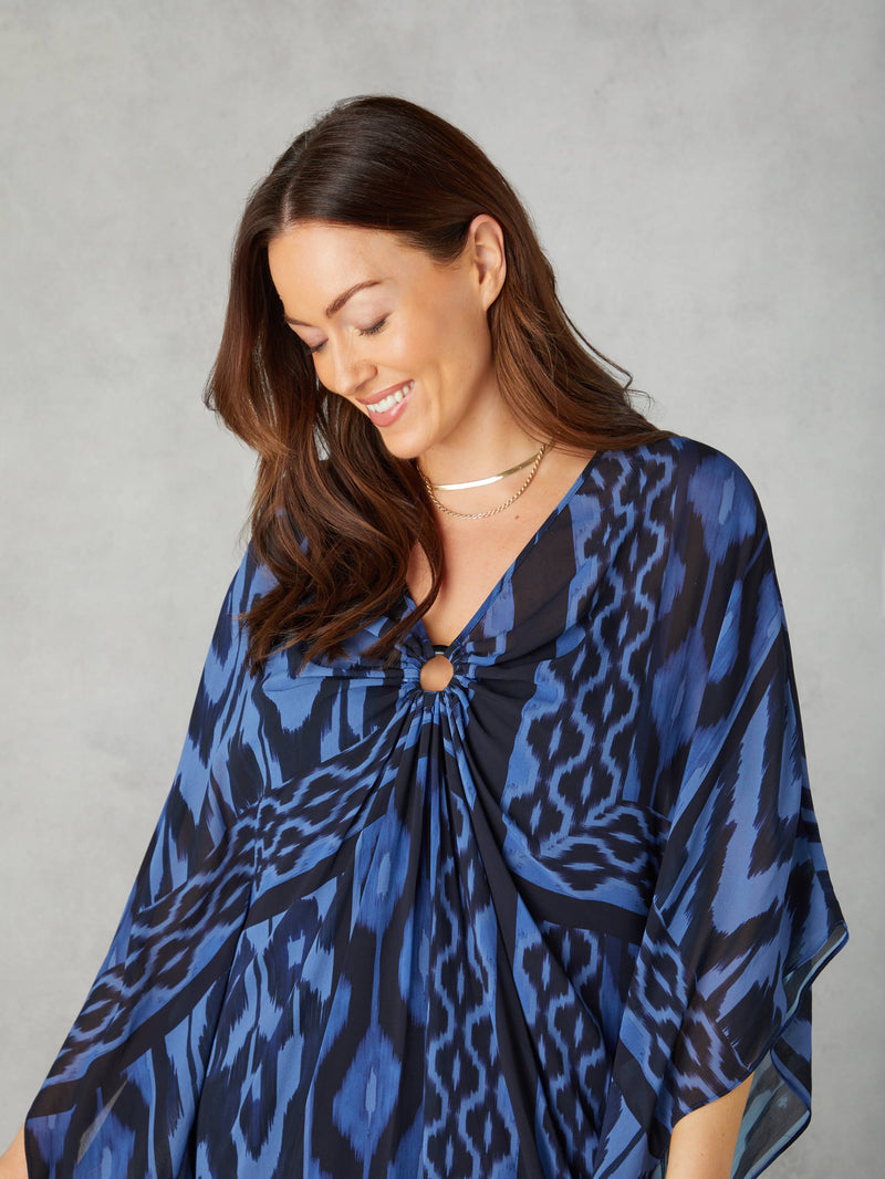 Petite Navy Ikat Print Maxi Kaftan