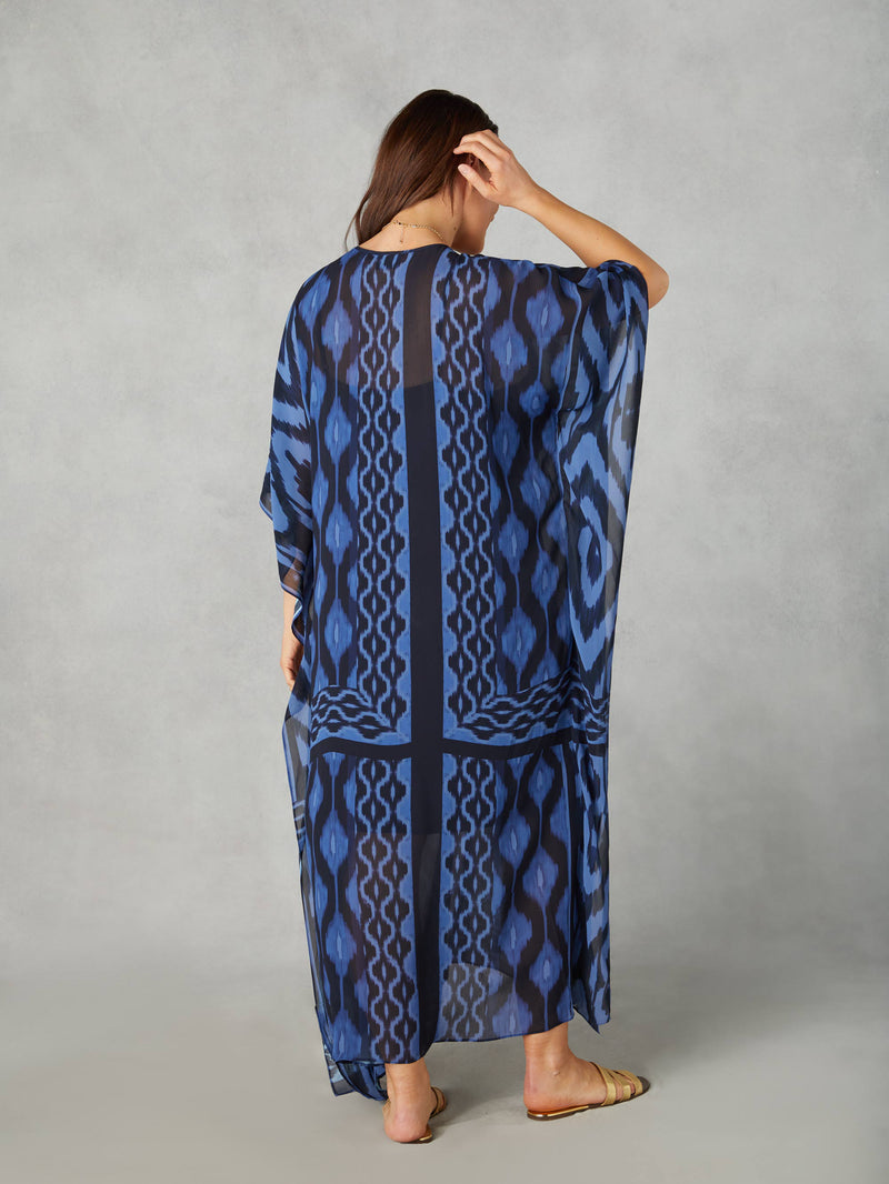 Petite Navy Ikat Print Maxi Kaftan